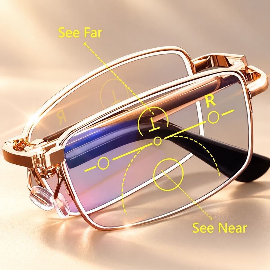 Gold Far & Near folding glasses: top part to see far, lower part to see near